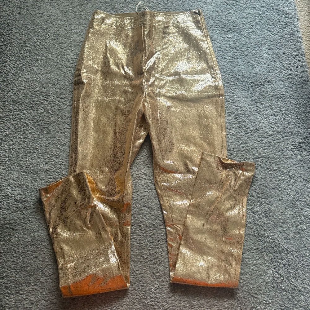 Gold metallic high waisted straight leg leggings / pants